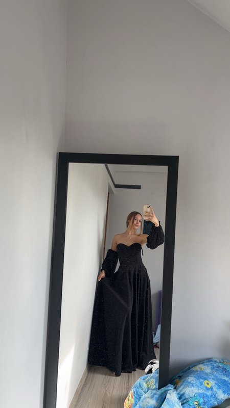 Florence - black flared corset maxi dress with buff chiffon sleeves