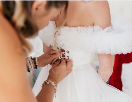 Moana - corset wedding dress with Spanish neckline with open shoulders