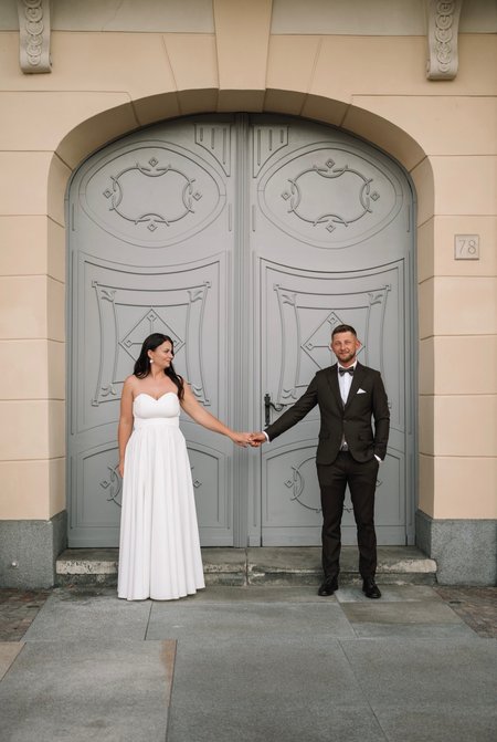 Florence - smooth ecru corset wedding dress with chiffon sleeves with frill trim