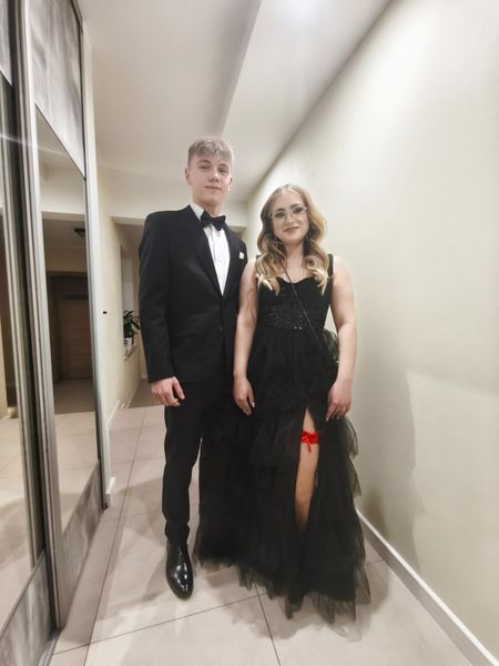 Octavia II - black long sequin corset dress with ruffled bottom