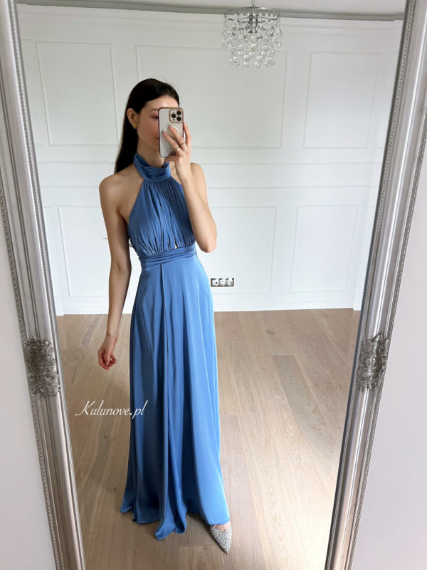 Ines - blue satin maxi dress with open back and halter neckline