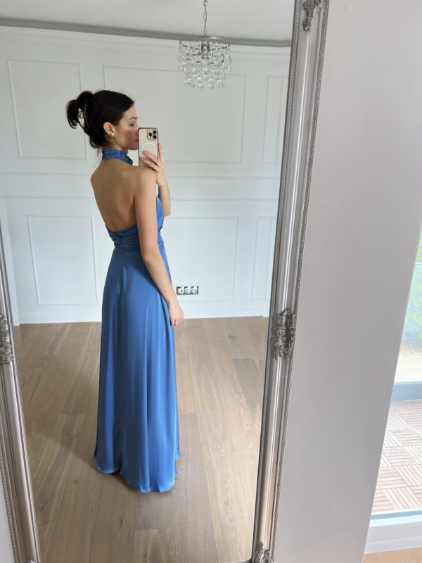 Ines - blue satin maxi dress with open back and halter neckline