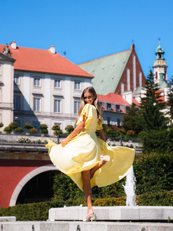 Isabella - yellow flared midi dress with striking sleeves and V neckline