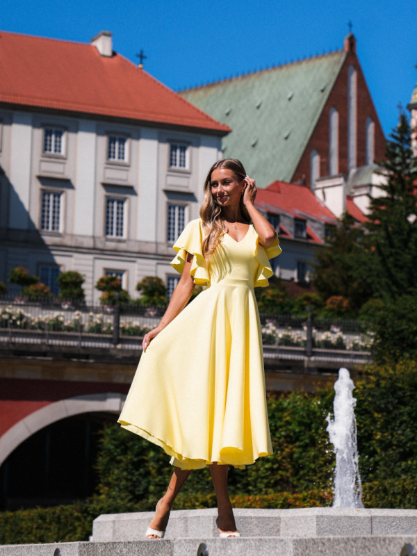 Isabella - yellow flared midi dress with striking sleeves and V neckline