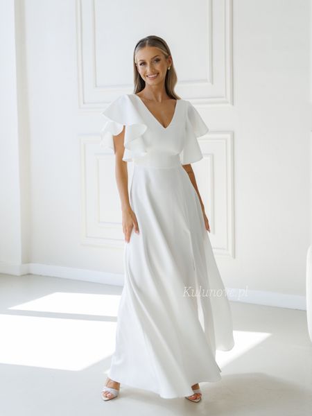 Isabella Maxi - a maxi wedding dress with ruffled sleeves and a deep V-neckline
