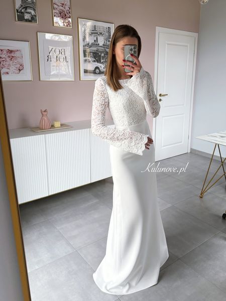 Isadora - elegant maxi wedding dress with lace top straight bottom and long sleeves