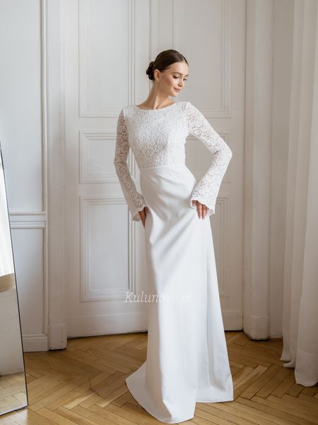 Isadora - elegant maxi wedding dress with lace top straight bottom and long sleeves