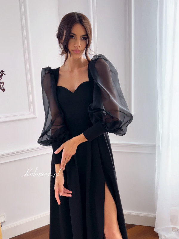 Jenna - black flared dress with leg slit and chiffon sleeves finished with buttons