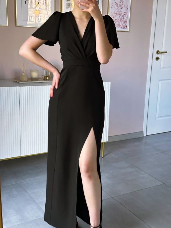 Jennifer maxi- black simple dress with overlap neckline and butterfly sleeves