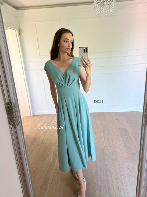 Jolie - gently covering shoulders medium length dress in sage color