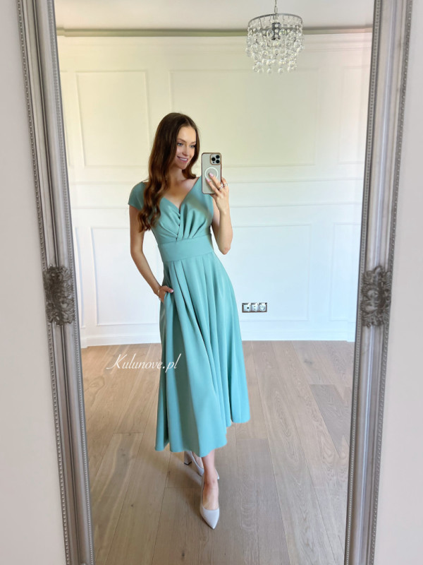 Jolie - gently covering shoulders medium length dress in sage color