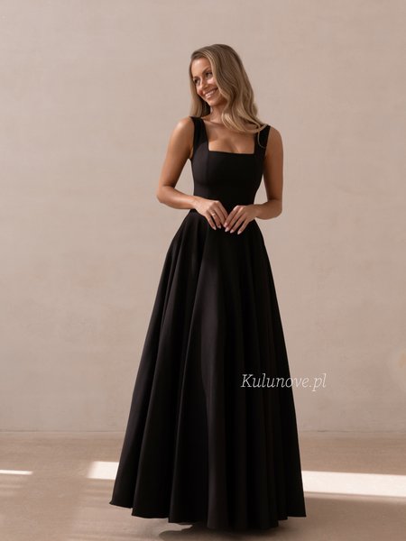 Karlie Premium - Black Ball Gown with a Square Neckline and Flared Hem