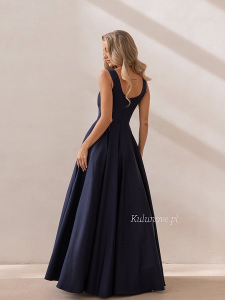 Karlie Premium - Navy blue evening dress with a flared hem and spaghetti straps