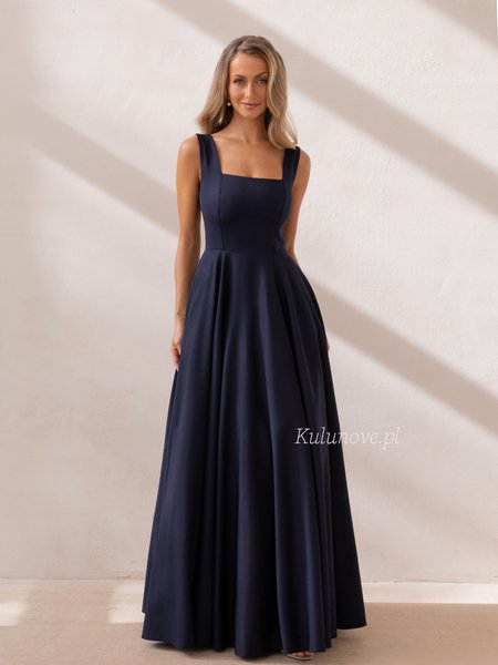 Karlie Premium - Navy blue evening dress with a flared hem and spaghetti straps