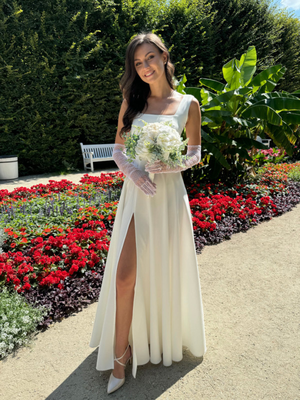 Karlie - flared ecru wedding dress with karo neckline on thicker straps