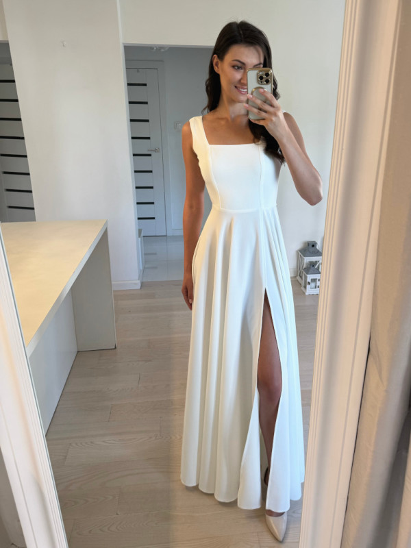 Karlie - flared ecru wedding dress with karo neckline on thicker straps