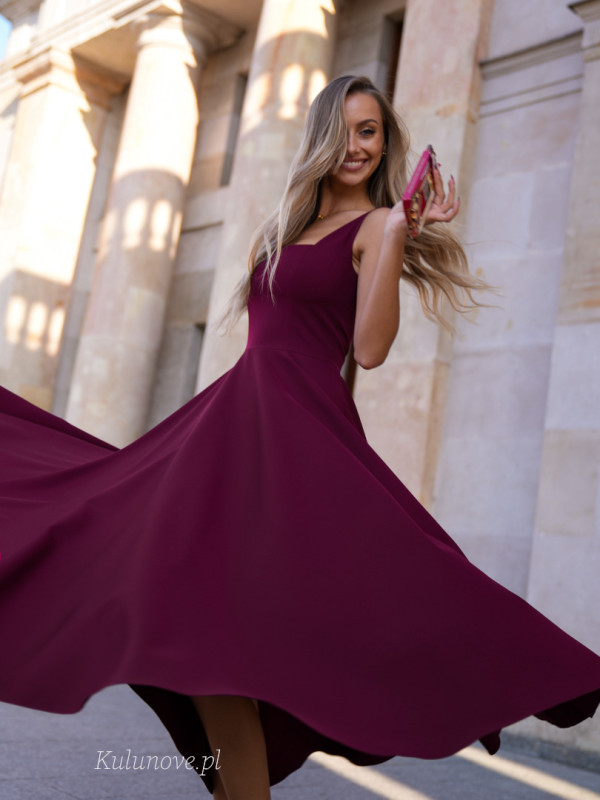Karlie midi - burgundy dress with fitted strapless top and flared midi length bottom