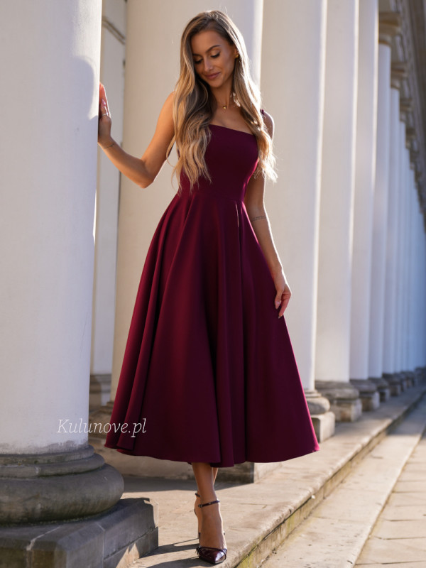 Karlie midi - burgundy dress with fitted strapless top and flared midi length bottom