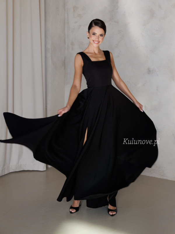 Karlie - black flared dress with karo neckline on thicker straps