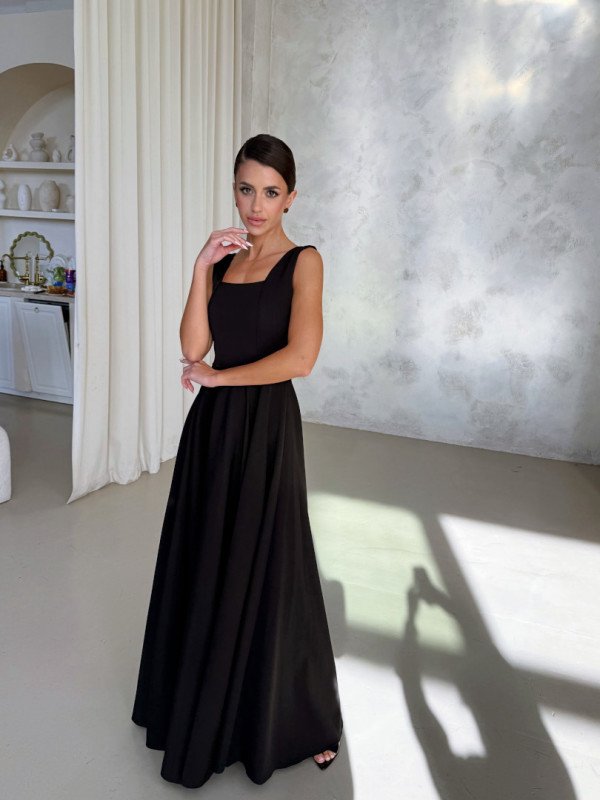 Karlie - black flared dress with karo neckline on thicker straps