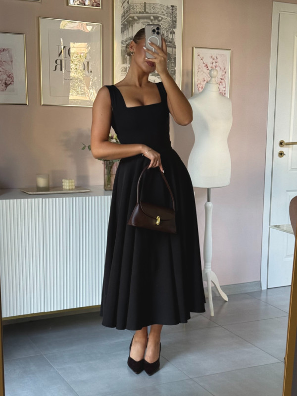 Karlie midi - black flared dress on thicker straps with karo neckline