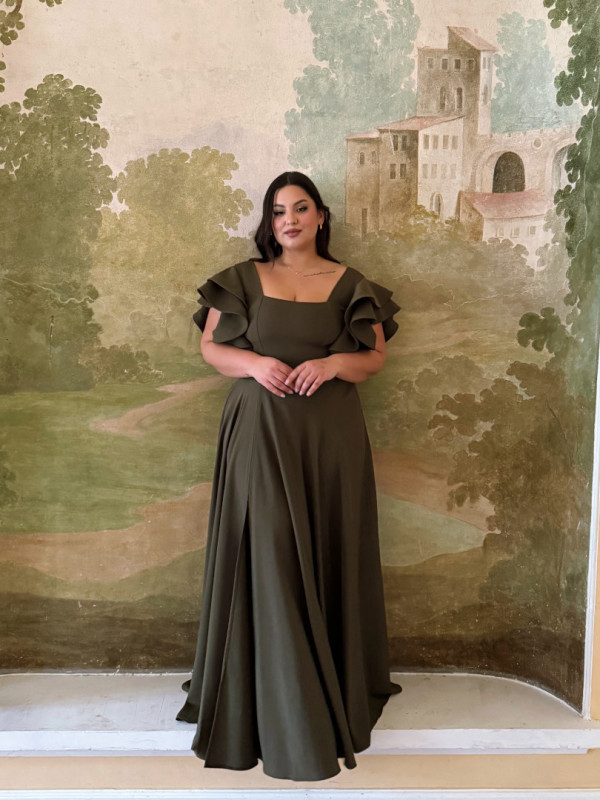 Kleo - olive colored maxi dress with striking sleeves