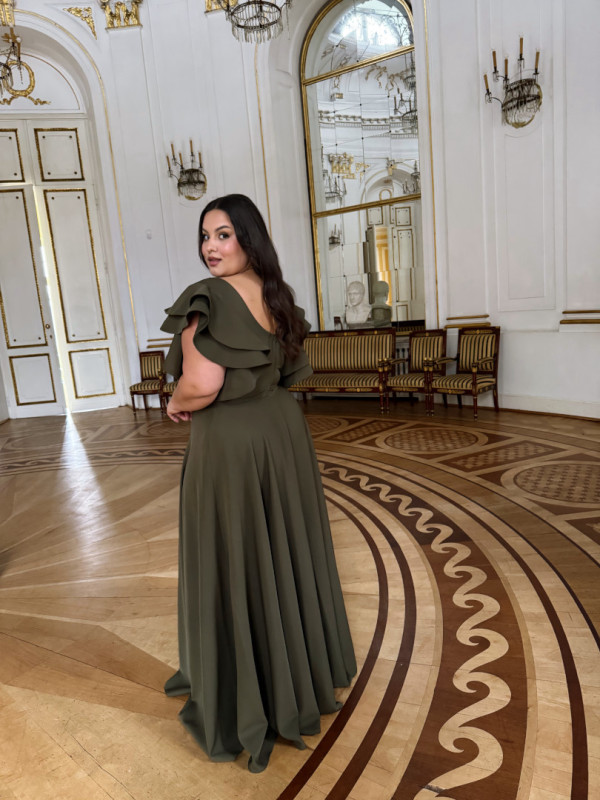 Kleo - olive colored maxi dress with striking sleeves