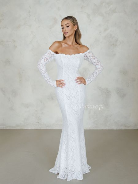 Lace - a long-sleeved, off-the-shoulder maxi wedding dress with a Spanish-style neckline