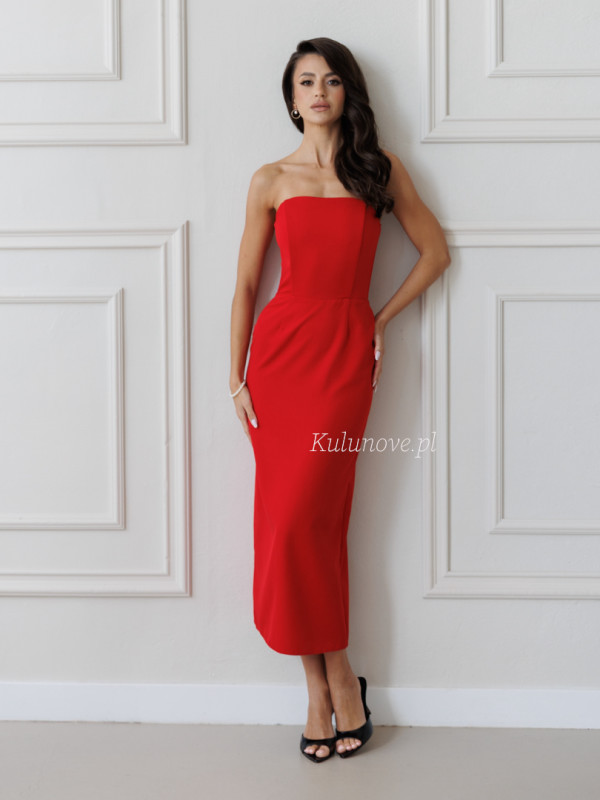 Liv - red simple midi length dress with open shoulders and back slit