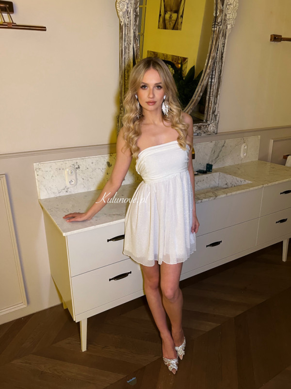 Lola - white brocade shoulderless mini dress with bow