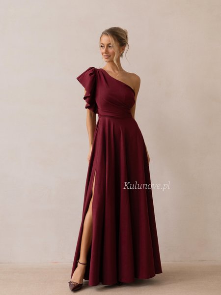 Madison - burgundy flared maxi dress with a decorative ruffle on the shoulder