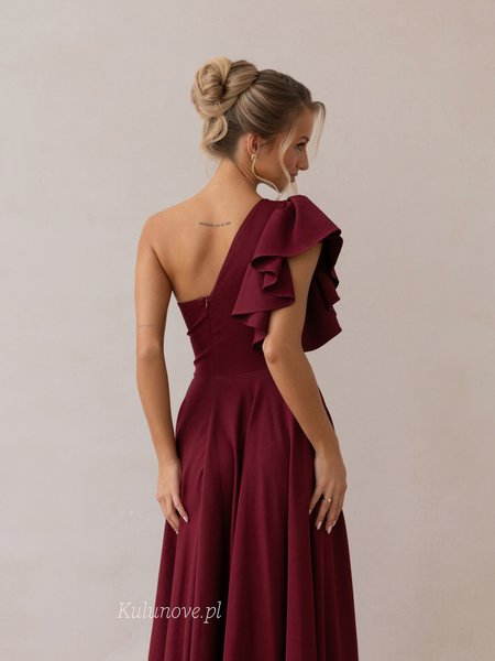 Madison - burgundy flared maxi dress with a decorative ruffle on the shoulder