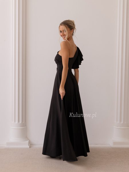 Madison - an elegant black one-shoulder maxi dress with a ruffle