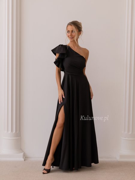 Madison - an elegant black one-shoulder maxi dress with a ruffle