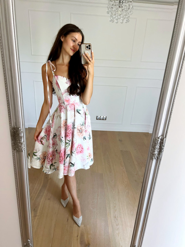 Malaga - corset midi ecru dress with pink and cream flowers with tied straps