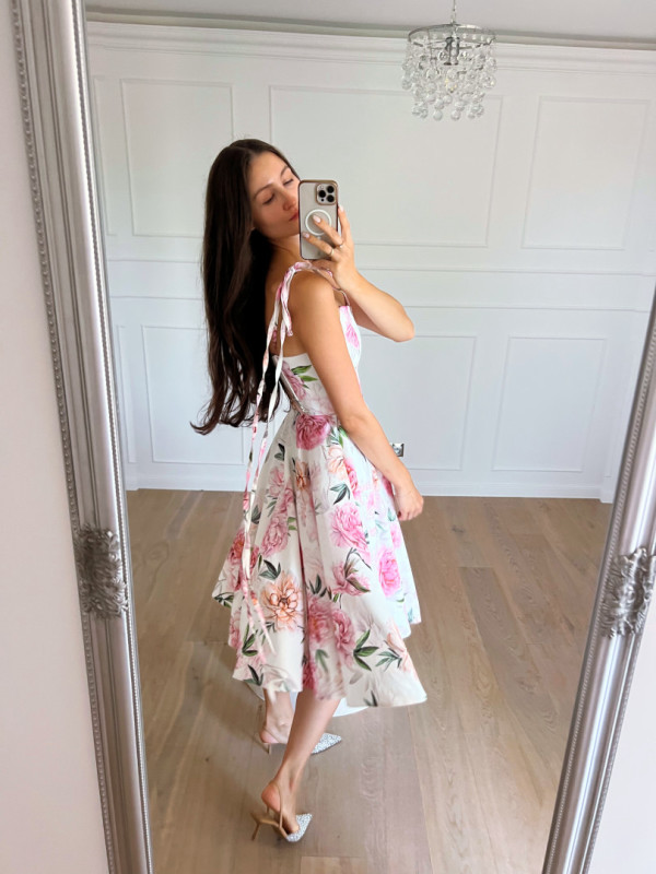 Malaga - corset midi ecru dress with pink and cream flowers with tied straps