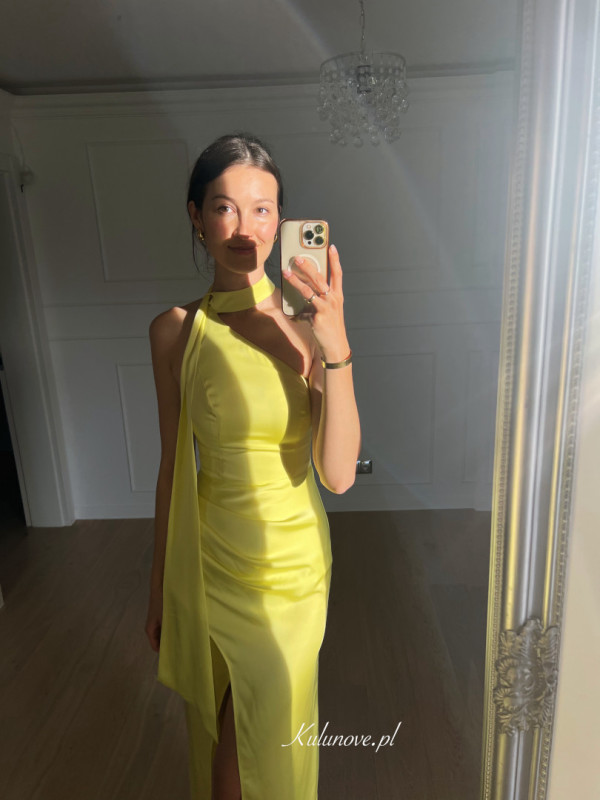 Malibu - lemon satin one shoulder maxi dress