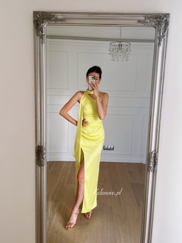 Malibu - lemon satin one shoulder maxi dress