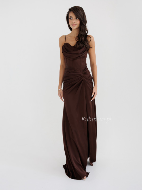 Margot - chocolate fitted maxi dress with a striking neckline