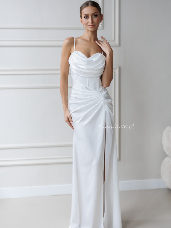 Margot - satin wedding dress with a beautiful phenomenal neckline and tied corset