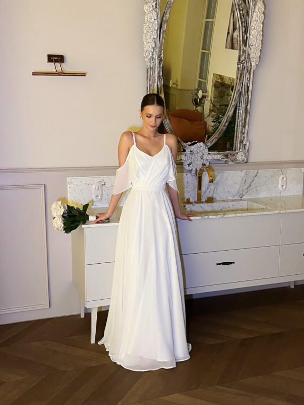 Mela - a simple strapless wedding dress with dropped shoulders