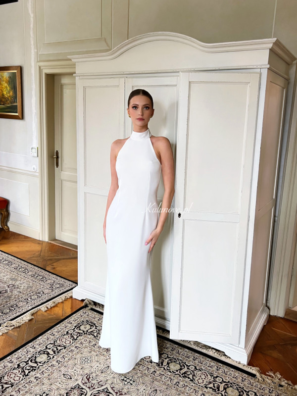 Meghan - minimalist elegant ecru fishnet dress with halter neckline