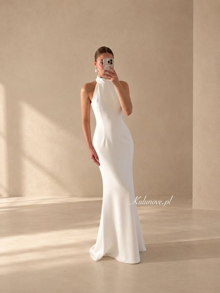 Meghan - minimalist elegant ecru fishnet dress with halter neckline