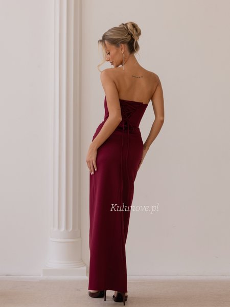 Melissa - burgundy fitted maxi dress with a straight neckline and a tie-front bodice