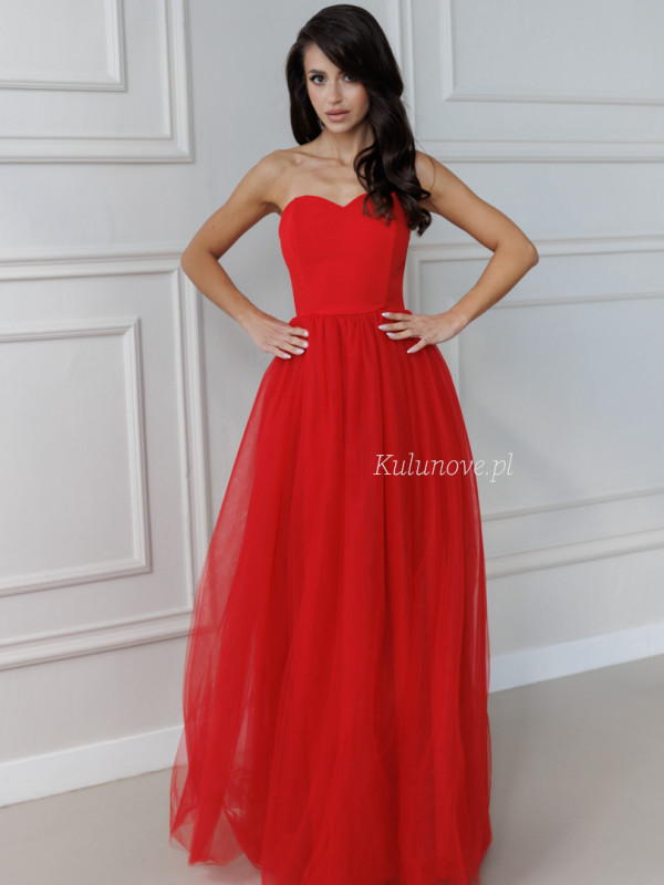 Melody - red corset tulle maxi dress in princess style
