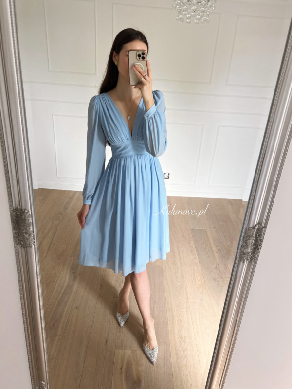 Merida blue - long sleeve midi dress with glittering flecks