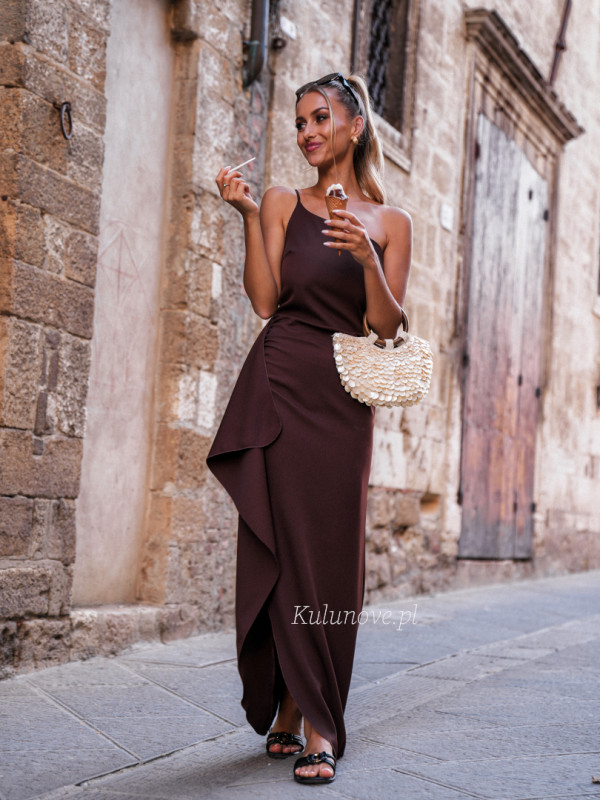Miami - chocolate asymmetrical one-shoulder dress with decorative frill on the zipper