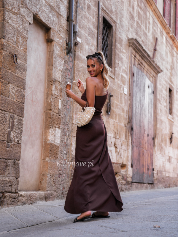 Miami - chocolate asymmetrical one-shoulder dress with decorative frill on the zipper
