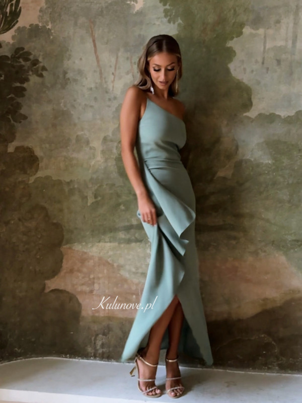 Miami - sage colored dress with decorative frill and leg slit