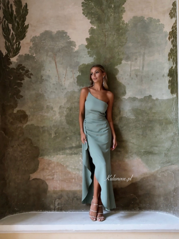 Miami - sage colored dress with decorative frill and leg slit